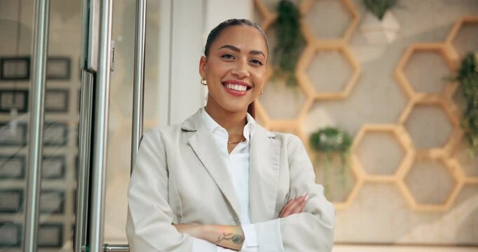 Woman, face and arms crossed for human resources in office, company legal advisor and professional. Portrait, job hiring opportunity and headhunter expert in workplace, law consultant and pride