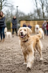 Happy dog walking with a volunteer holding a leash in the rescue yard