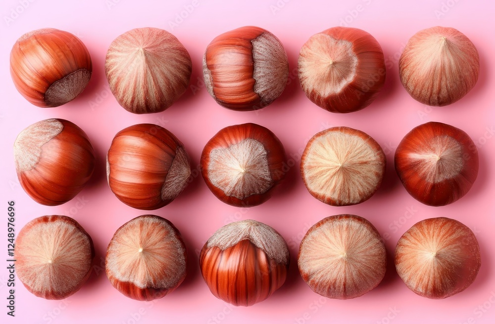 Poster close up view of nuts arranged in grid pattern on pink background, displaying their brown shells and