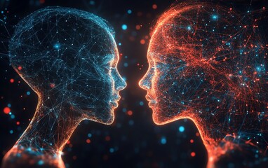 Two digital human profiles converging, symbolizing the fusion of human intellect and technology in digital transformation, glowing data lines, futuristic vibe