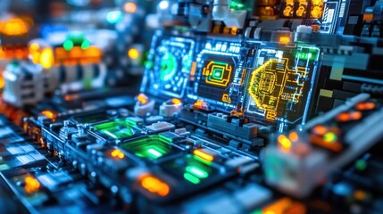 Obraz premium Futuristic quantum computing processing power showing speed and data analysis with holographic displays, circuits, and electronic components illustrating advanced technology