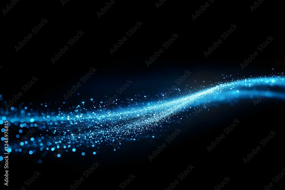 Poster a flowing wave of blue light with sparkling particles against a dark background, creating a sense of