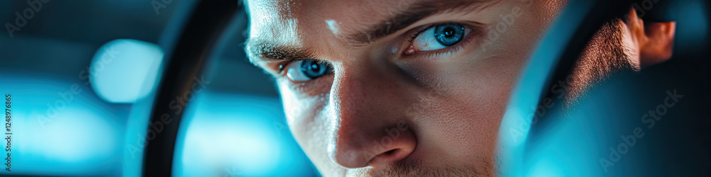 Poster close-up portrait: man's face with blue lighting and circular objects