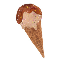 Hand-drawn digital illustration of an ice cream cone with caramel drizzle and colorful sprinkles. The melting scoop sits atop a crisp waffle cone, capturing a sweet, indulgent treat.