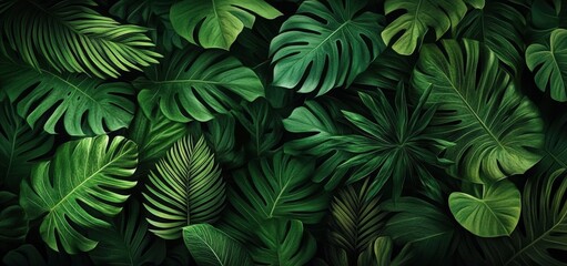 Lush Tropical Leaves with Dark Green Background in a Vibrant Display of Nature's Beauty and Serenity Perfect for Design Projects and Nature Themes