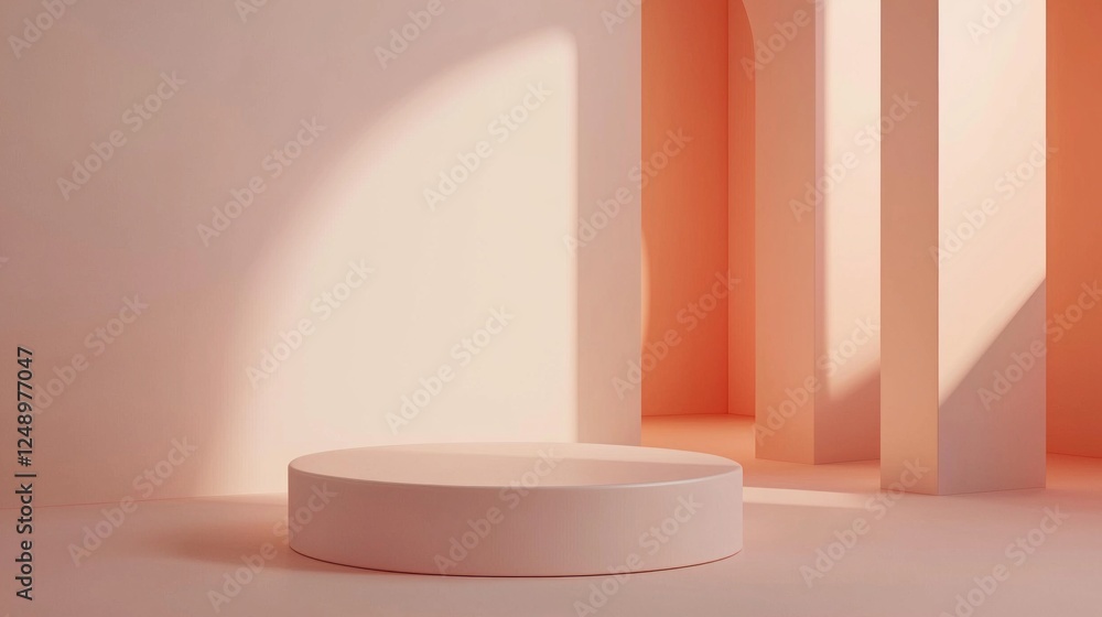 Poster An empty cylinder podium rests in a serene environment characterized by minimal geometric forms and soft pastel colors