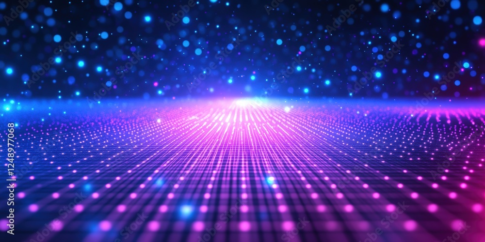 Poster digital neon grid background in blue and purple with sparkling lights creating a vibrant futuristic 