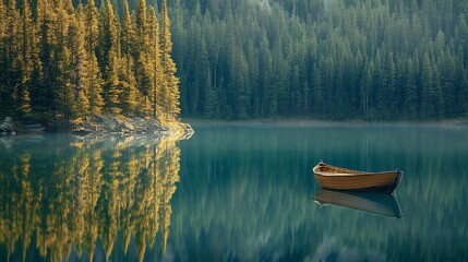 Serene lake boat autumn forest reflection tranquility
