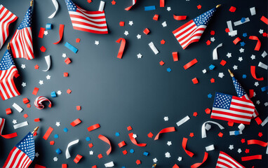 Fototapeta premium Multiple small American flags with red, white, and blue confetti arranged against a dark background, symbolizing a celebration.