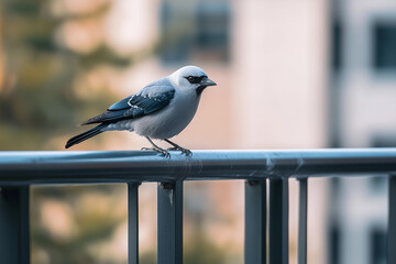 Jackdaw perched on a metal railing in an industrial setting, observing its surroundings with keen interest