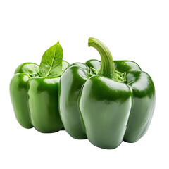 Two vibrant green bell peppers, one with a green leaf, showcasing their glossy skin and unique shapes.