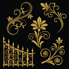 Golden floral luxury pattern and ornamental elements set