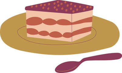 Piece of tiramisu on a plate, a spoon next to it on transparent background. Great for posters, advertisements, banners, flyers and menus