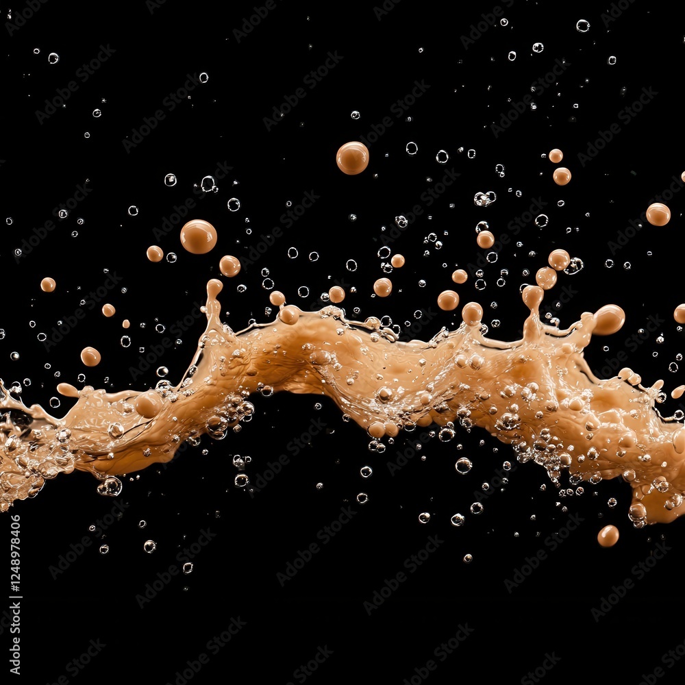 Poster dynamic high-speed image capturing a splash of liquid against a stark black backdrop; water droplets