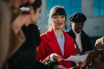 Obraz premium A diverse group of professionals discussing and sharing ideas in an outdoor business setting. They engage in conversation, developing strategies and teamwork, fostering collaboration in a cheerful and