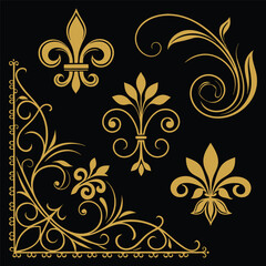 Golden floral luxury pattern and ornamental elements set