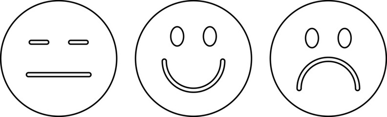 Emotions icons set. Faces or happy, neutral and sad emoji in circle shape. In linear. Vector illustration. EPS 10