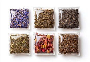 Assorted Herbal Tea Bags with Colorful Ingredients and Textures