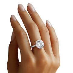 A sparkling diamond engagement ring is elegantly displayed on a slender hand, showcasing its exquisite design and brilliance.