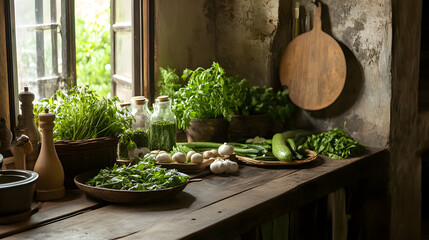kitchen countertop displaying an array of fresh green vegetables, herbs, and organic cooking ingredients 