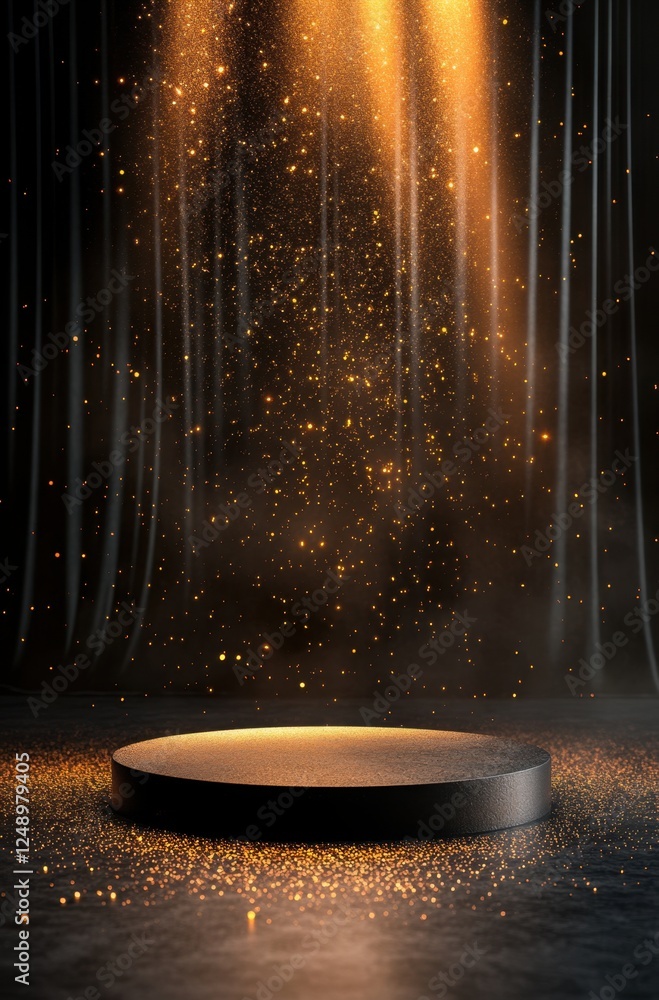 Poster an elegant display featuring a round, black platform illuminated by golden particles against a dark 