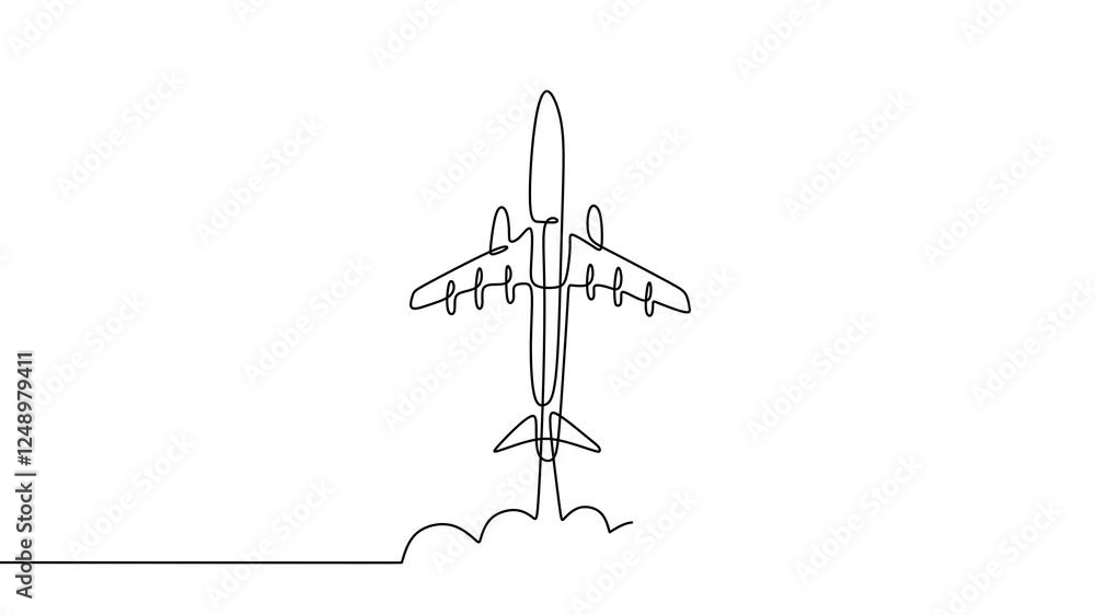 Poster continuous one line drawing animation of a plane. the passenger plane flight in the sky isolated on 
