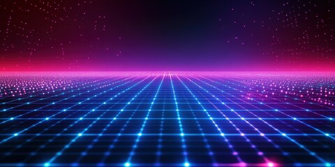 Vibrant Digital Grid Background with Neon Blue and Purple Hues Illuminating a Futuristic Landscape for Creative Projects
