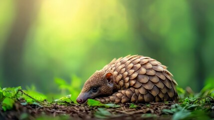 Obraz premium Illustration of a pangolin curled up in a protective ball on a forest floor