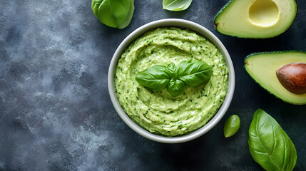 Obraz premium pasta dish made with zucchini noodles, fresh basil, and a creamy avocado sauce 