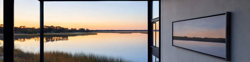 Obraz premium Interior View of Sunset Landscape with Matching Artwork