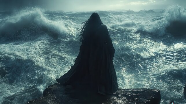 Solitary figure, dark robe, stormy ocean, cliff edge, fantasy backdrop