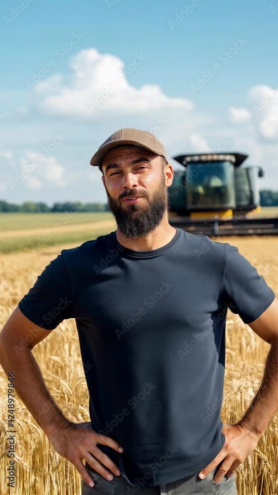 Poster a man with a beard and a hat is smiling in front of a combine harvester. concept of happiness and co