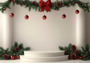 Festive Holiday Decor with Greenery and Red Ornaments Background