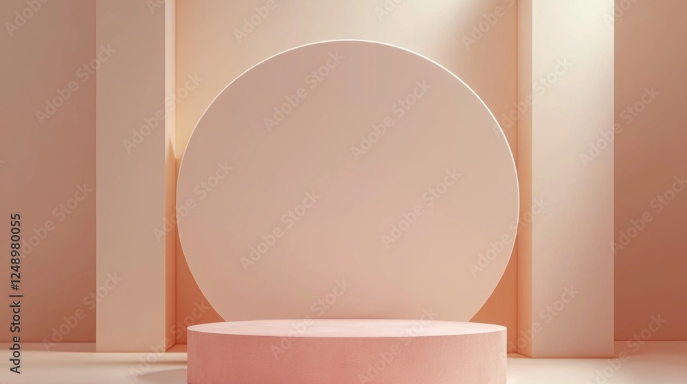 Poster Soft hues and simple shapes create an inviting space with an empty cylindrical podium. This design highlights the elegance of minimalist aesthetics, perfect for showcasing products