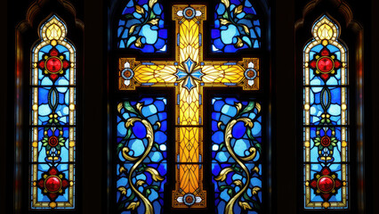 A stained glass window with a prominent Christian cross.