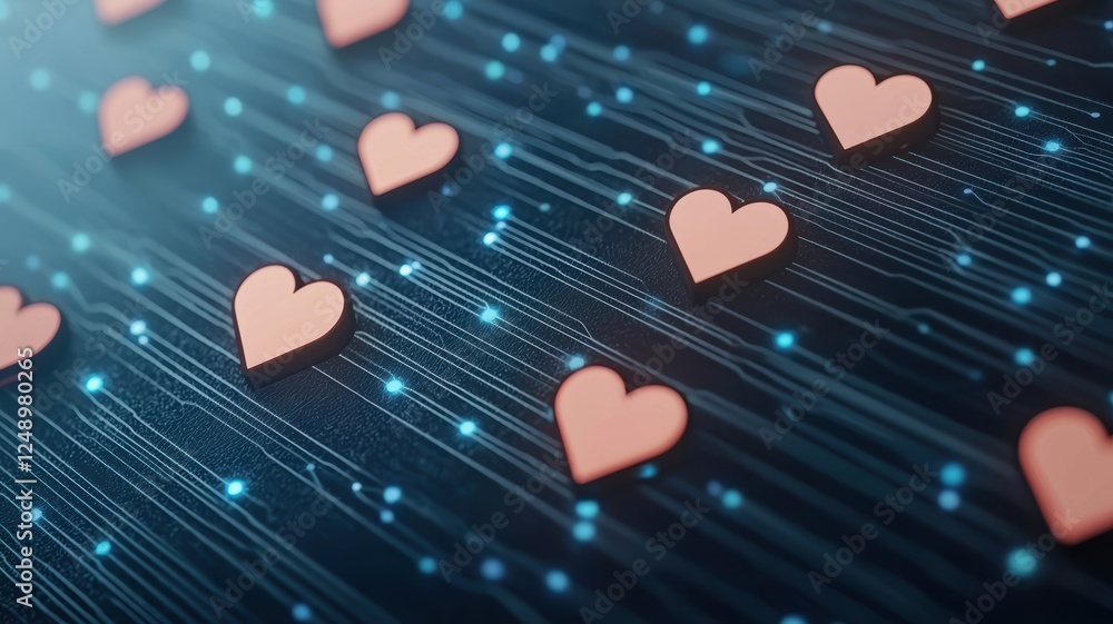 Poster interactive digital design with heart buttons and sparkling blue background