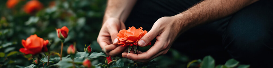 Hands Holding Orange Rose Bloom in Rose Garden