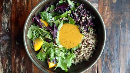 view of a colorful salad bowl filled with leafy greens, quinoa, and a citrus dressing 