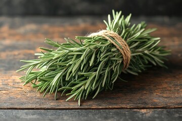 Naklejka premium Fresh Rosemary Sprigs Tied Together on Rustic Wood