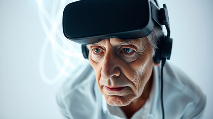 senior man wearing virtual reality glasses 