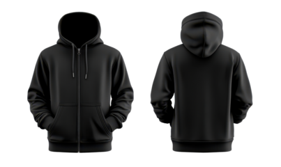 black hoodie mockup zip up hoodie mockup front and back and side isolated tranparent template