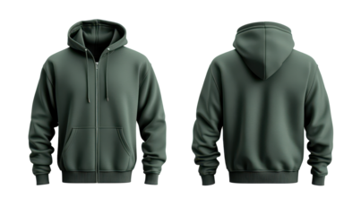 dark green hoodie mockup zip up hoodie mockup front and back and side isolated tranparent background template