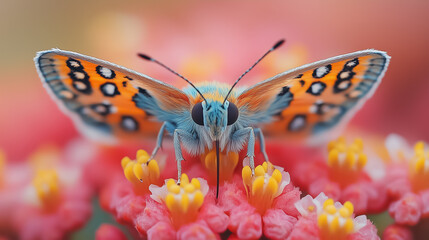Colorful butterfly sipping nectar from a vibrant blossom in a lush garden. Bright pink flowers surround it, creating a cheerful atmosphere, ideal for nature enthusiasts