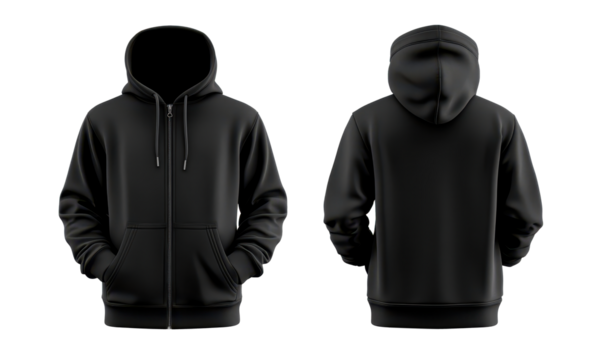 black hoodie mockup zip up hoodie mockup front and back and side isolated tranparent template