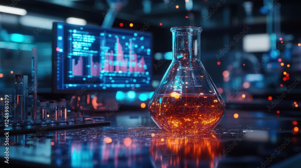 Poster glowing flask sits on a laboratory table, surrounded by scientific equipment and a computer displayi