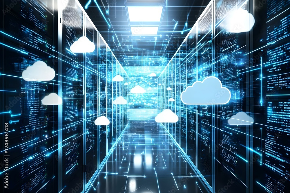 Aufkleber a futuristic server room with glowing blue lines, digital data streams, and floating cloud icons rep