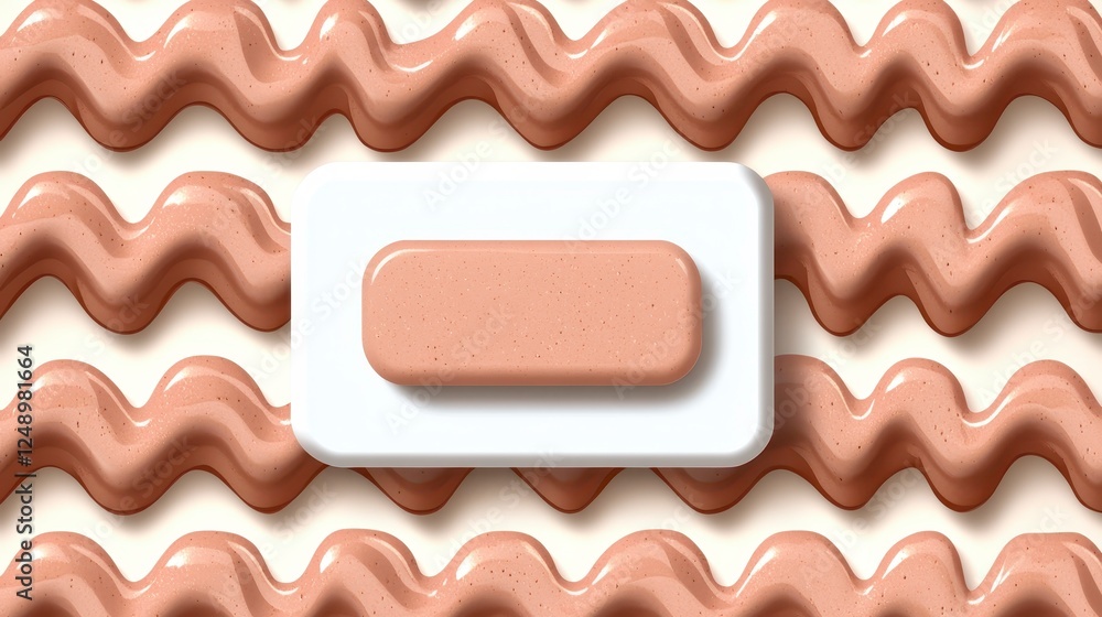 Aufkleber beige rectangular object on a white rectangular platform, set against a backdrop of wavy, light beig