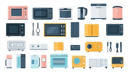 Featuring a diverse array of household appliances, this illustration presents essential items for any kitchen, including microwaves, refrigerators, and more in a stylish layout