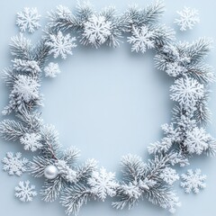 Minimalist Winter Scene with Snowflakes and Pine Branches in Soft Natural Light