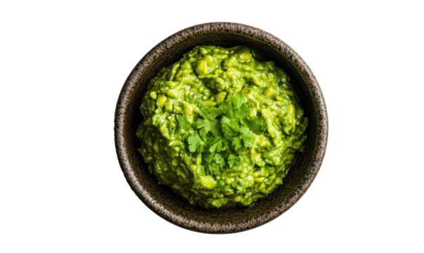 Bowl with guacamole isolated on white background, top view